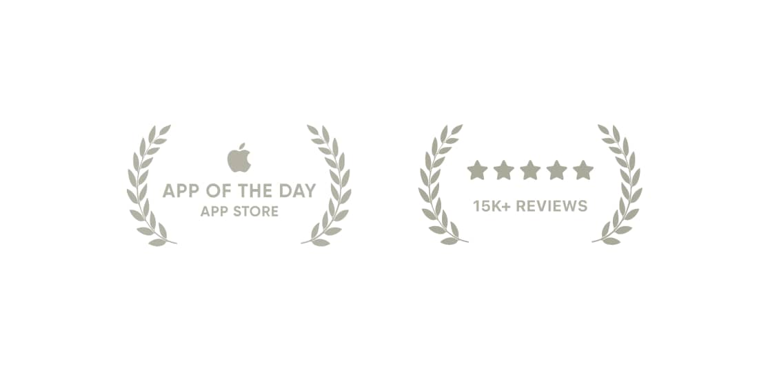 App Store app of the day award and 15k+ reviews award